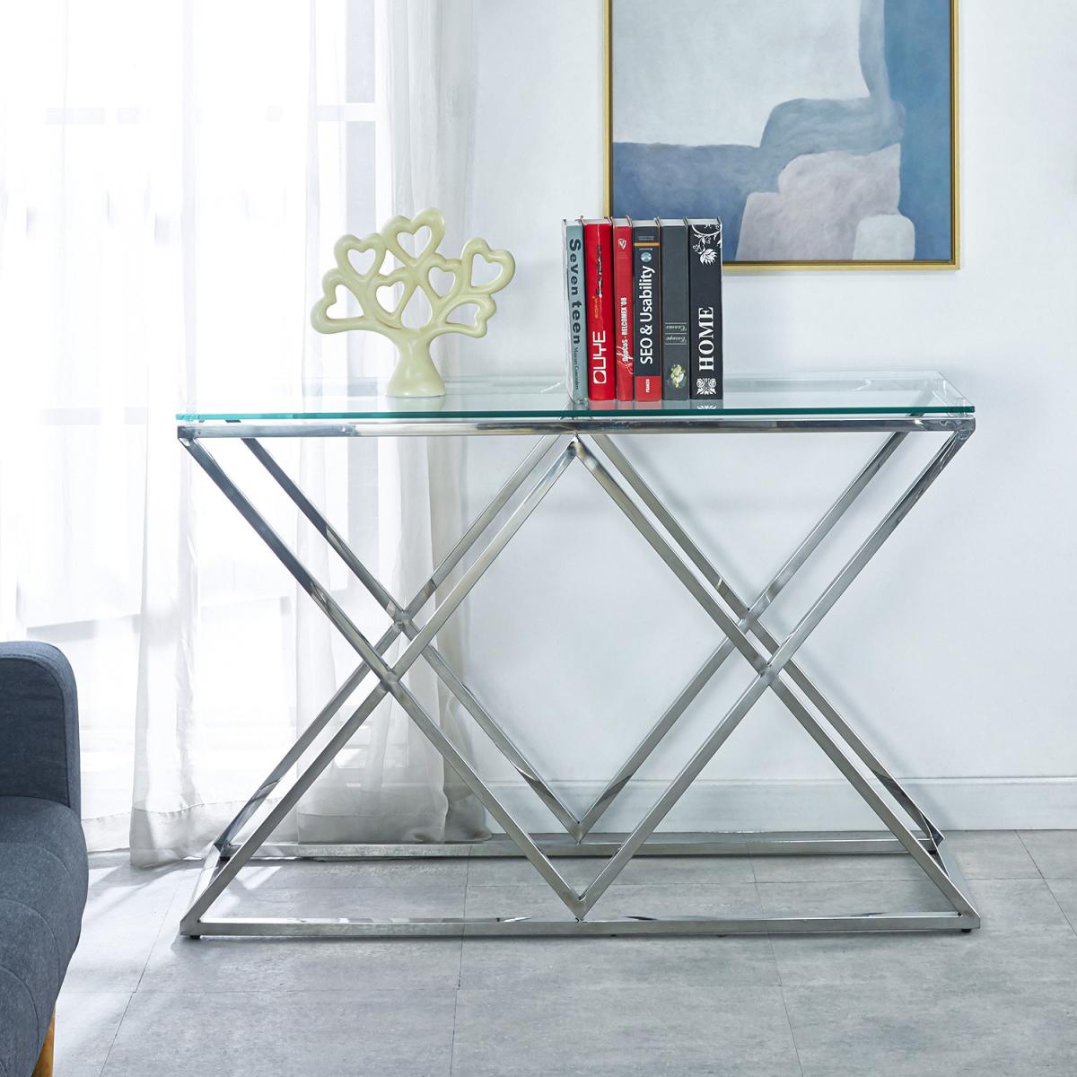Modern Clear Tempered Glass Console Side End Table With Cross Chrome Legs Home - Silvery – image 5