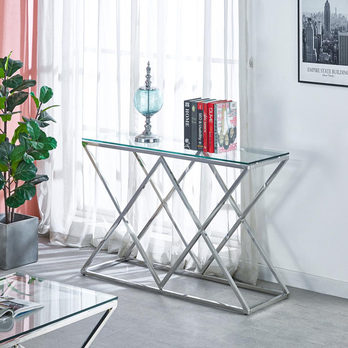 Modern Clear Tempered Glass Console Side End Table With Cross Chrome Legs Home - Silvery – image 6