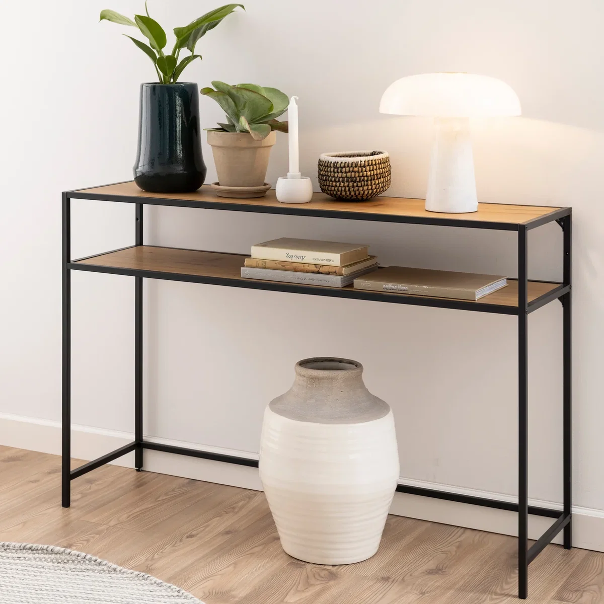 Seaford Black Metal Console Table with Oak Top - Oak & Black – image 2