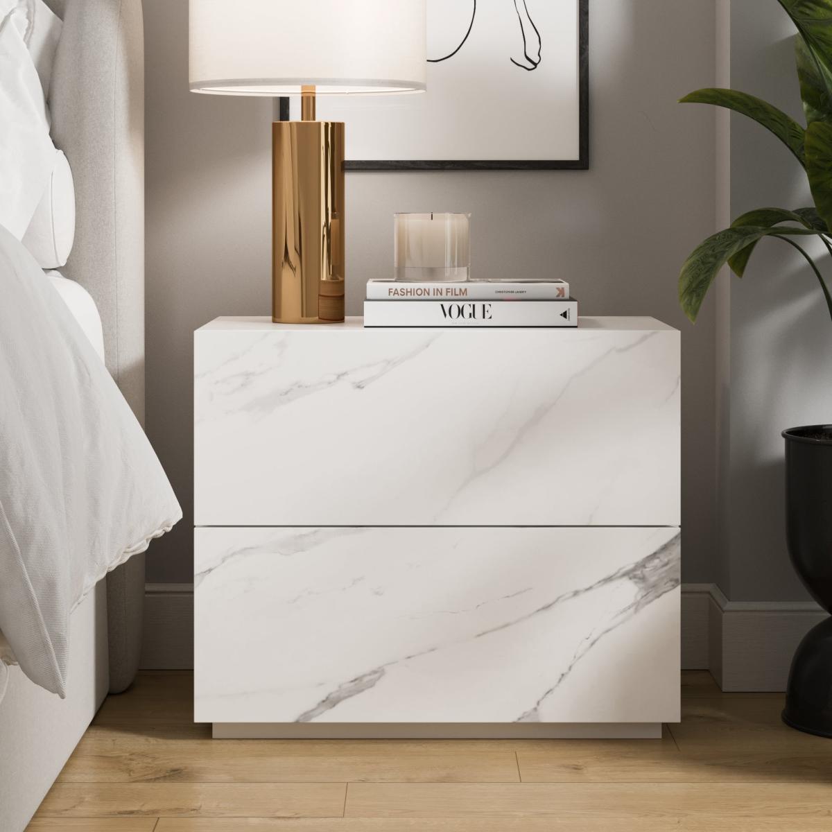Viola 2 Drawer Bedside Table, White Marble Effect White – image 2