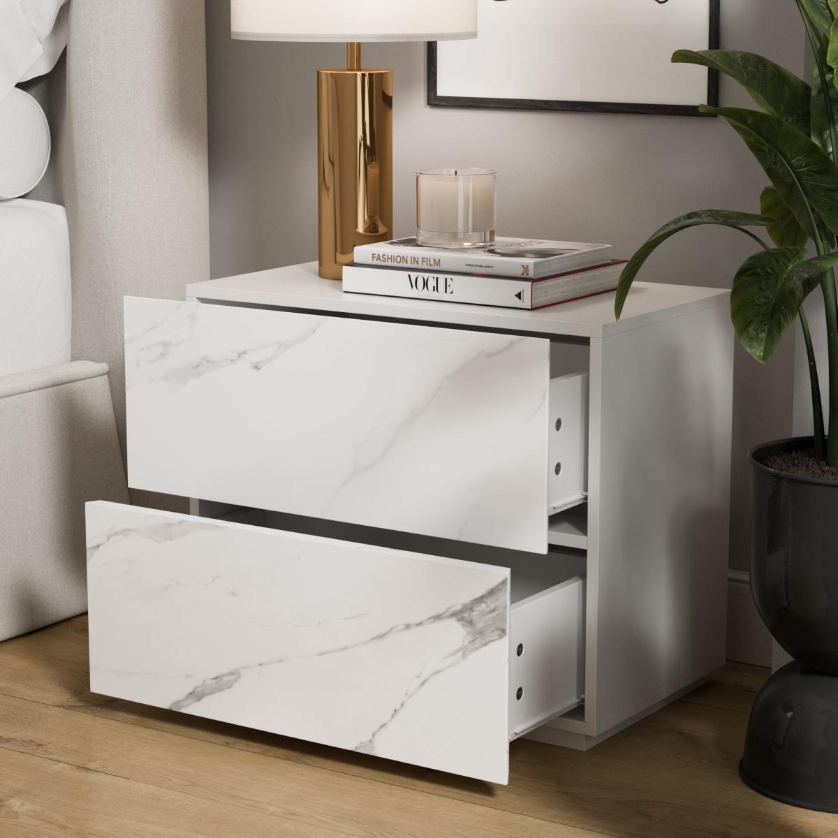 Viola 2 Drawer Bedside Table, White Marble Effect White – image 3