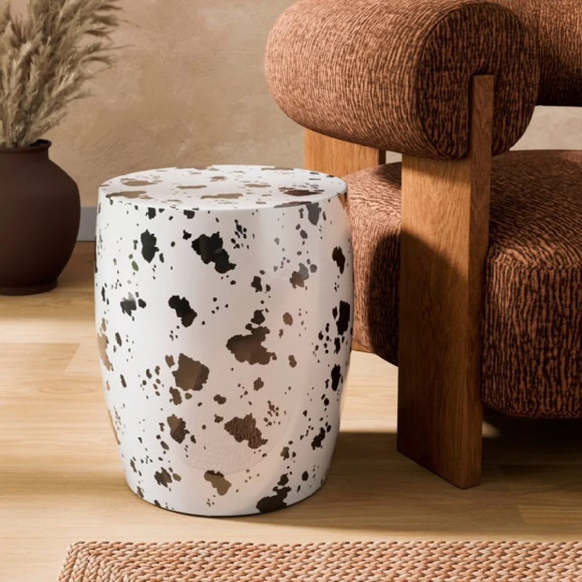 Metal Drum Cow Print Side Table – image 2