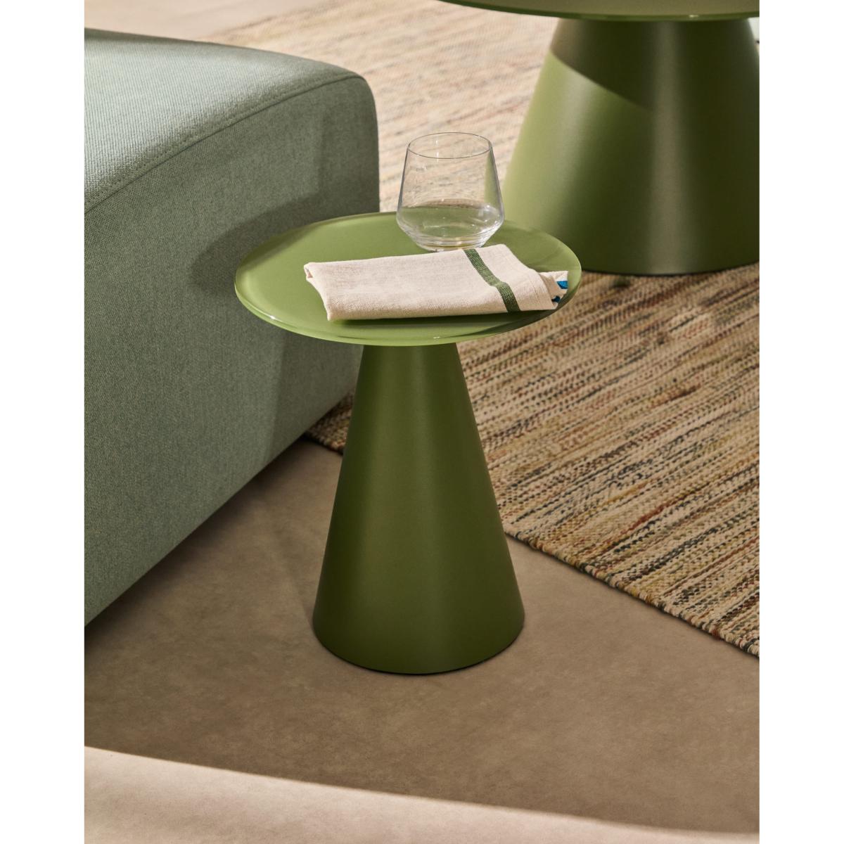 Wilshire side table with frosted tempered glass and matt green painted steel finish Ø30cm – image 2