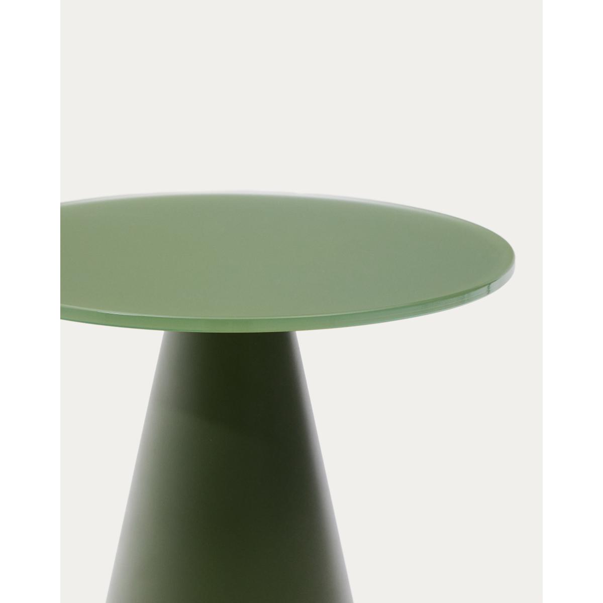 Wilshire side table with frosted tempered glass and matt green painted steel finish Ø30cm – image 3