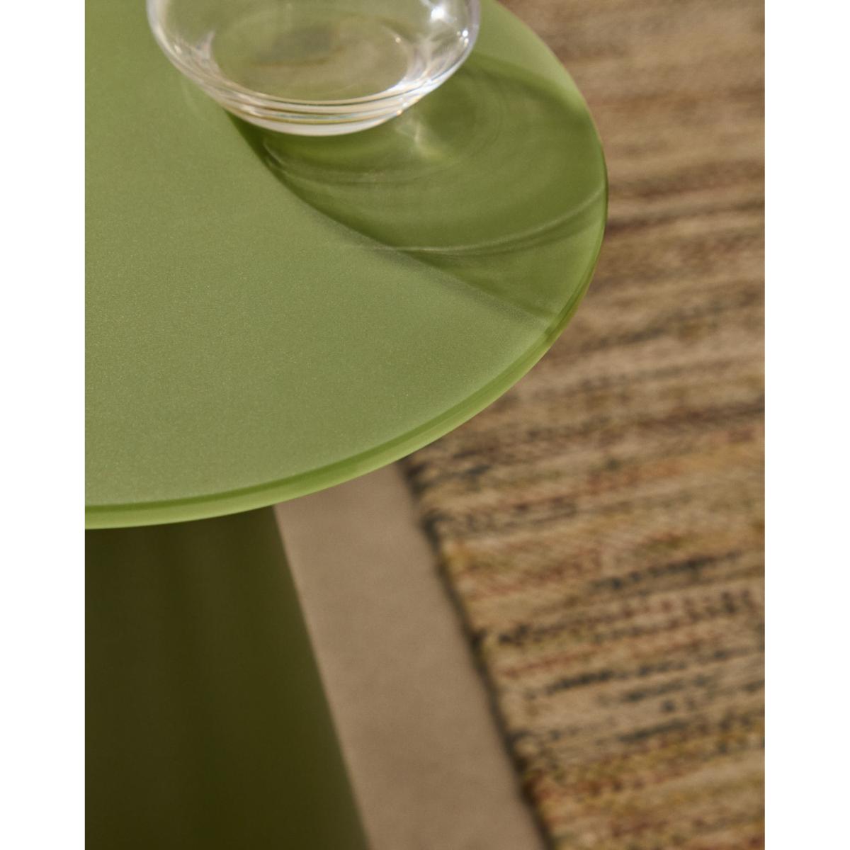 Wilshire side table with frosted tempered glass and matt green painted steel finish Ø30cm – image 4