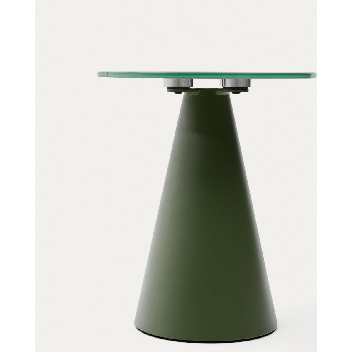Wilshire side table with frosted tempered glass and matt green painted steel finish Ø30cm – image 6