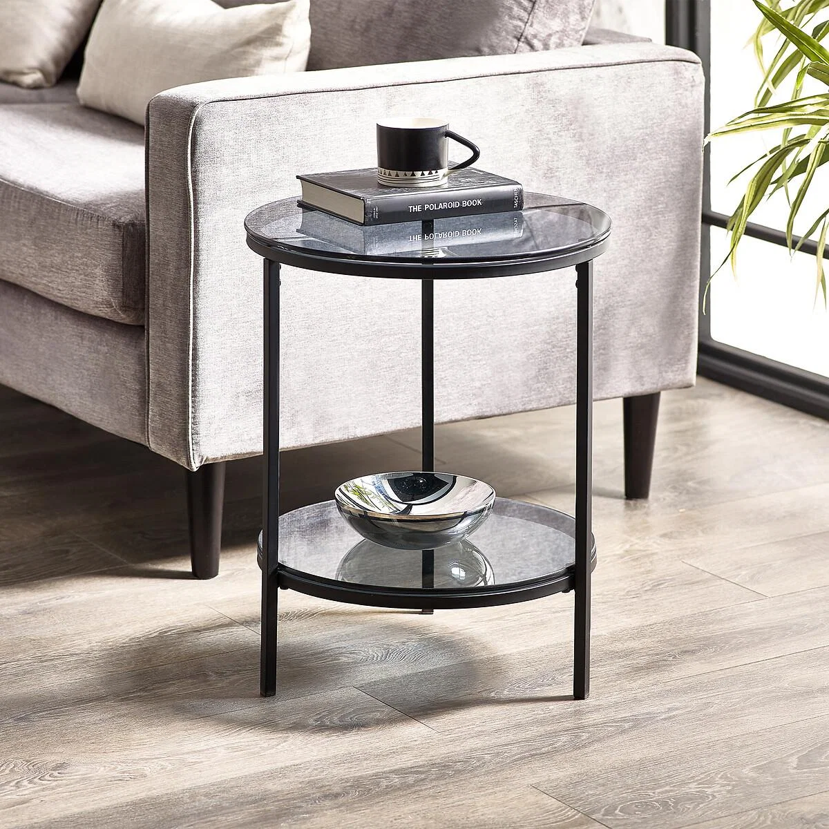 Dallas Smoked Glass Round Side Table with Shelf – image 2