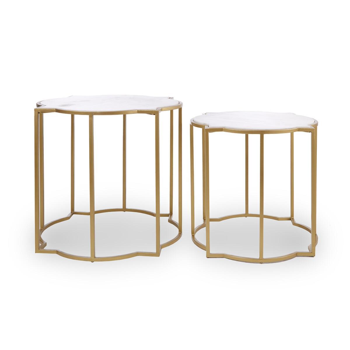 Quatrefoil Style Set Of 2 Side Tables with White Marble Tops and Brass Finish Frames – image 2
