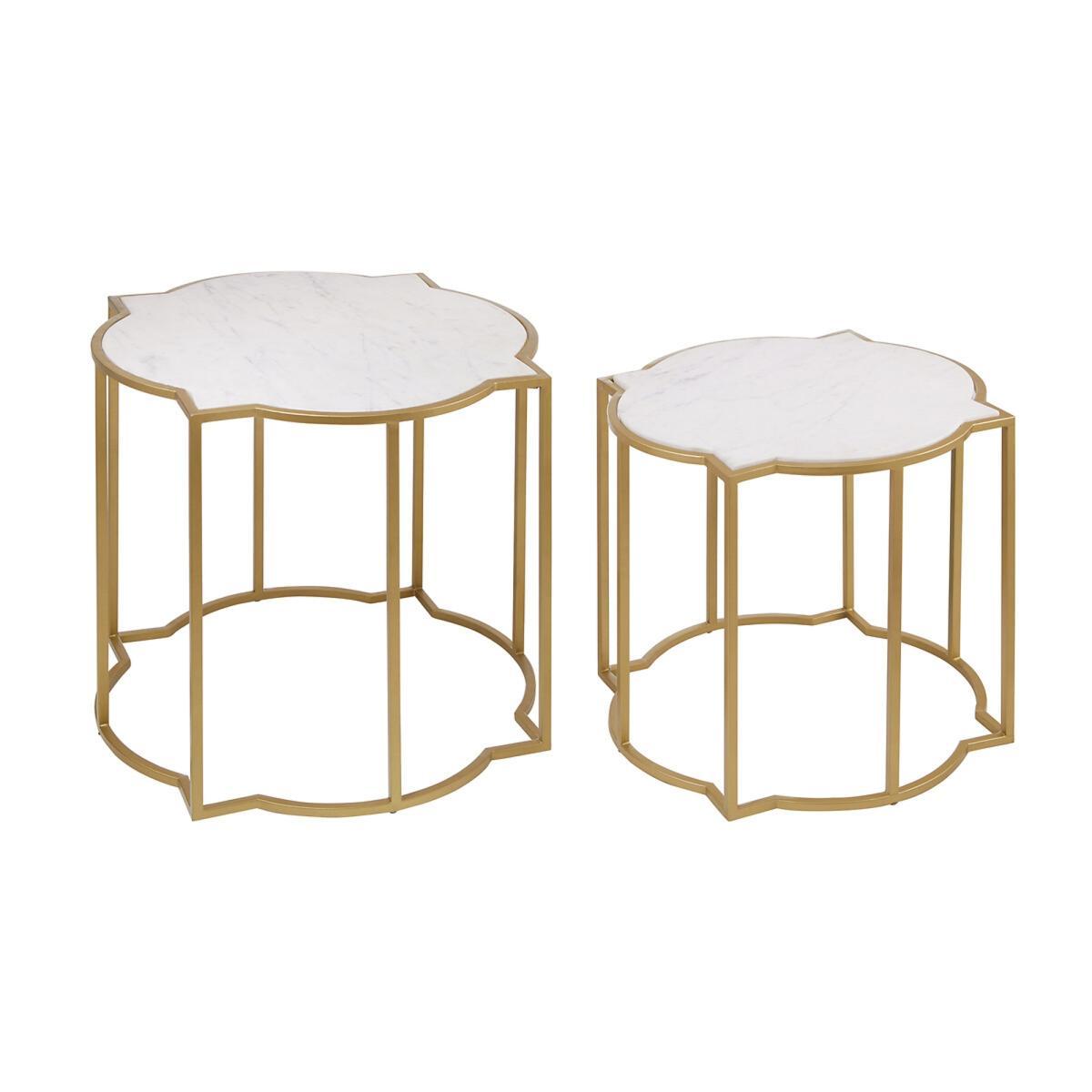 Quatrefoil Style Set Of 2 Side Tables with White Marble Tops and Brass Finish Frames – image 3