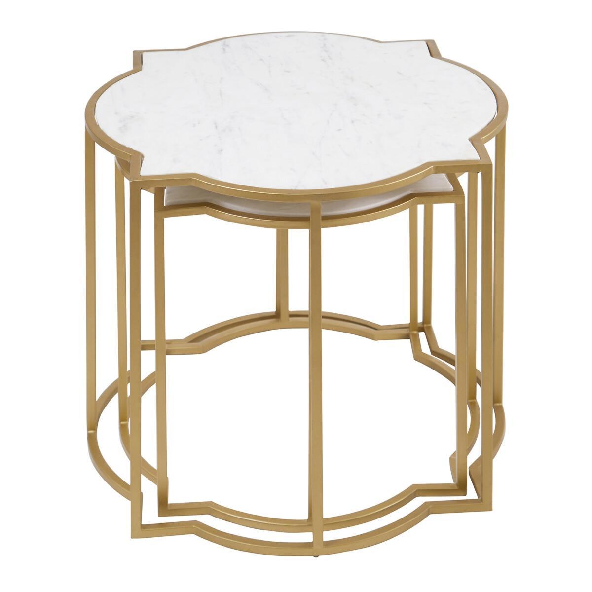 Quatrefoil Style Set Of 2 Side Tables with White Marble Tops and Brass Finish Frames – image 4