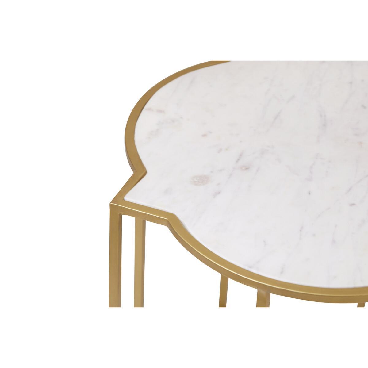Quatrefoil Style Set Of 2 Side Tables with White Marble Tops and Brass Finish Frames – image 5