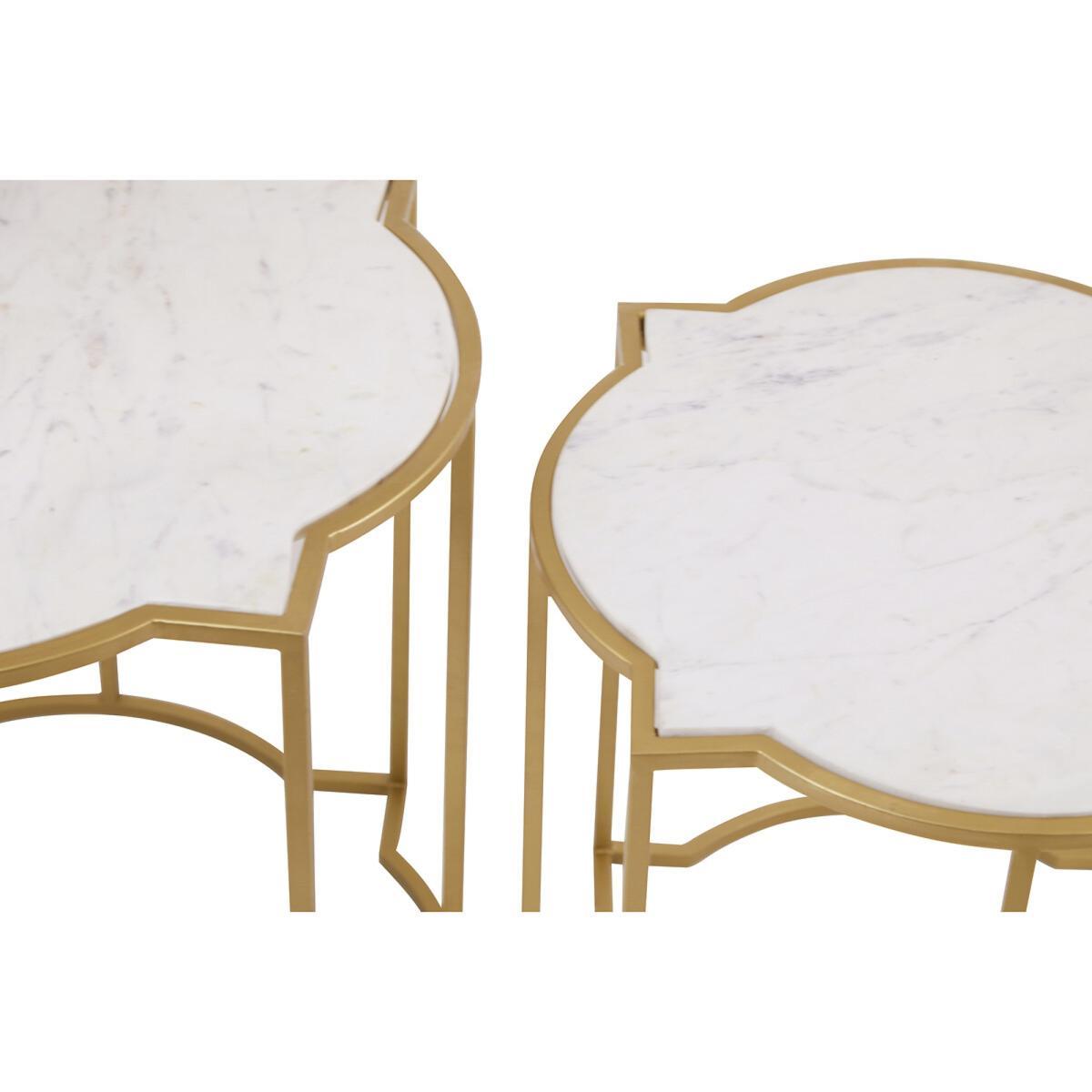 Quatrefoil Style Set Of 2 Side Tables with White Marble Tops and Brass Finish Frames – image 6