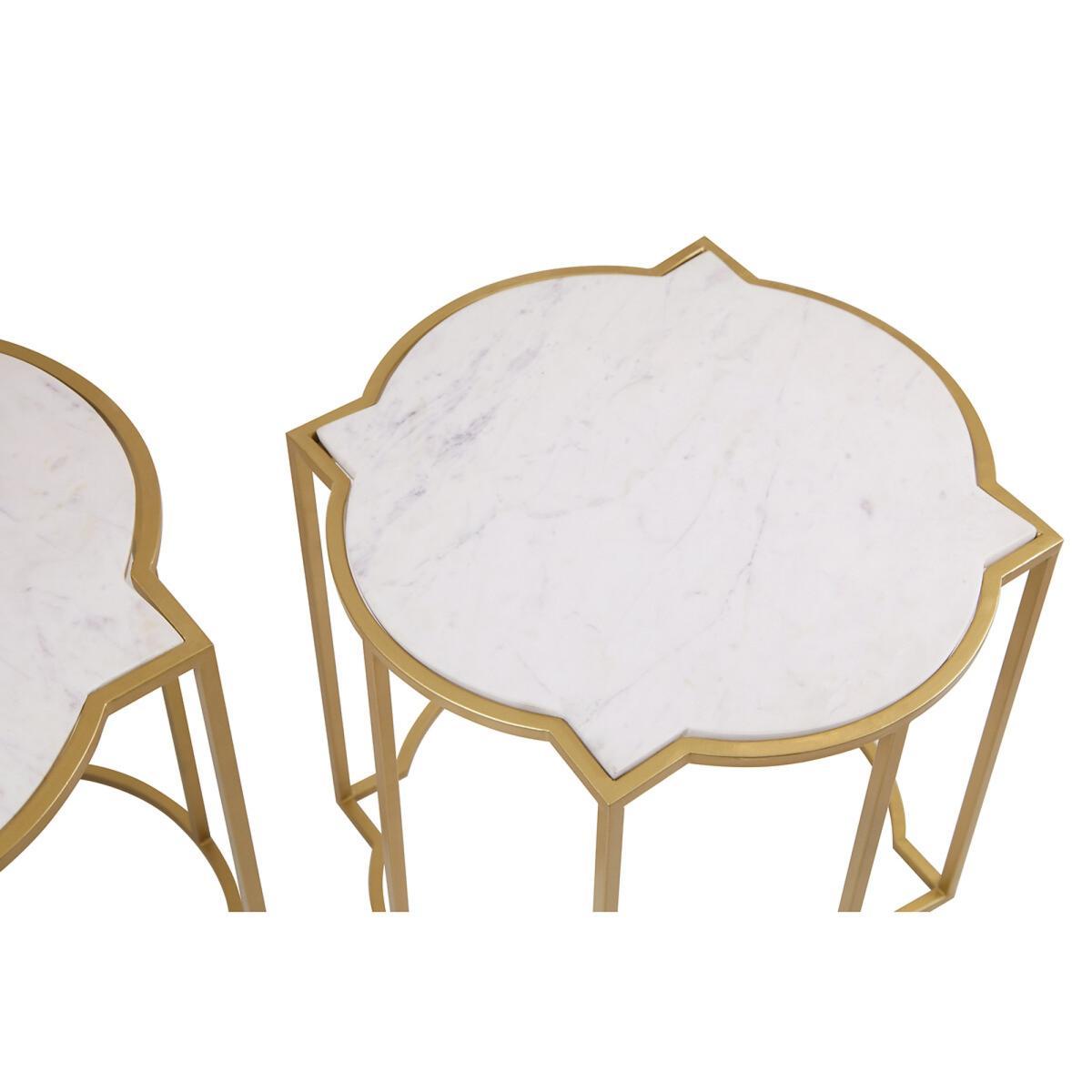 Quatrefoil Style Set Of 2 Side Tables with White Marble Tops and Brass Finish Frames – image 8