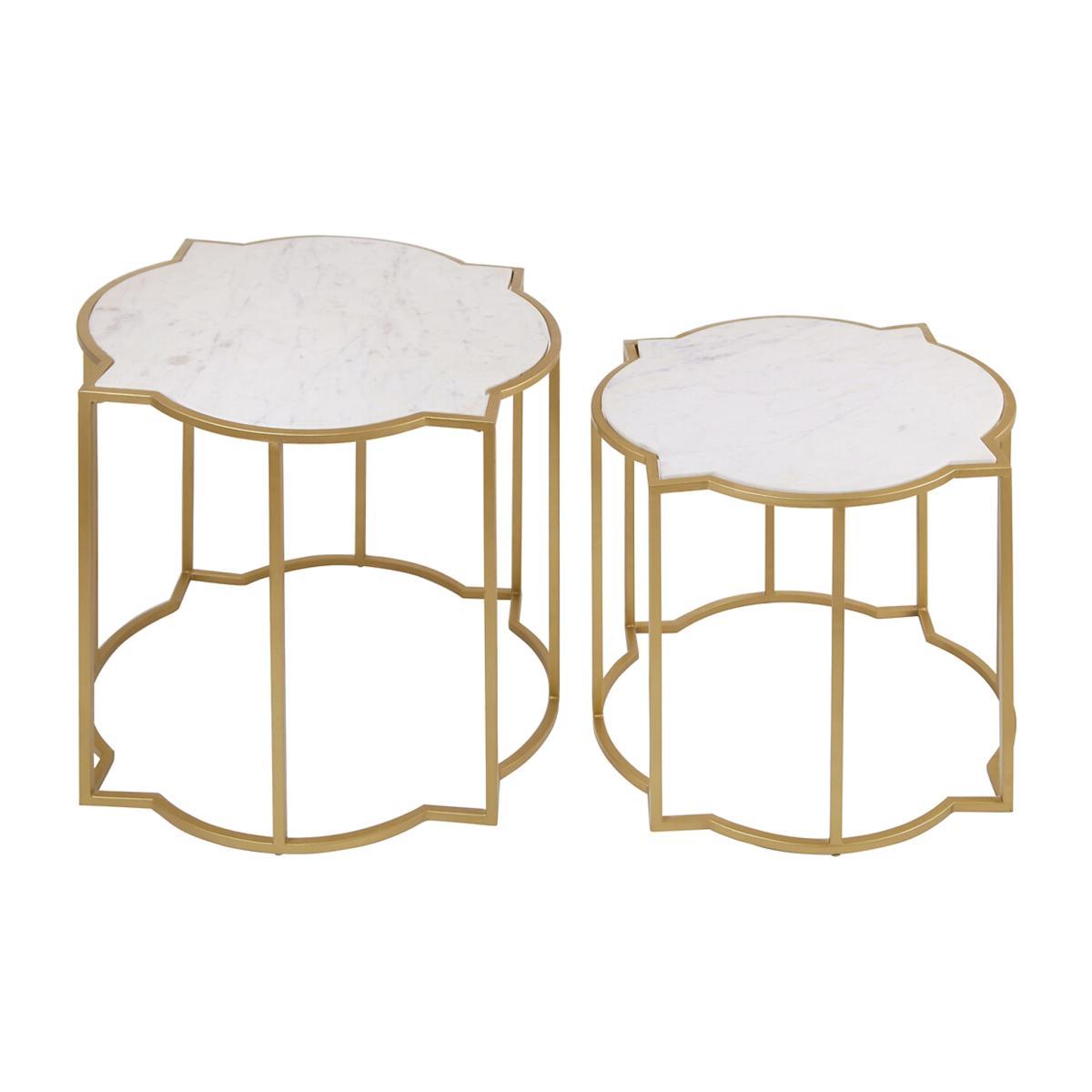 Quatrefoil Style Set Of 2 Side Tables with White Marble Tops and Brass Finish Frames – image 1