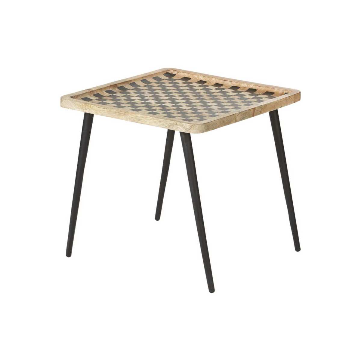 Black Metal and Mango Wood Side Table with Chequerboard Print – image 1