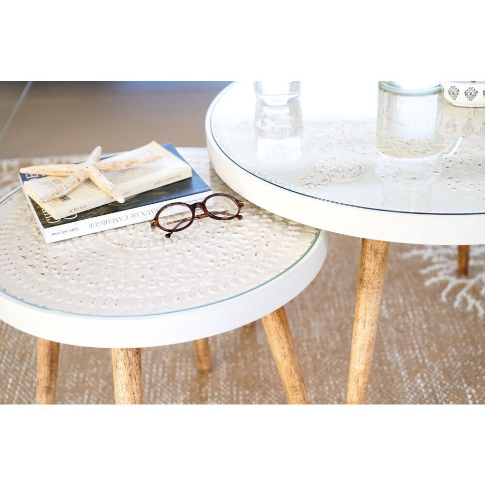 White Glass Nesting Tables with Engraved Designs – image 8