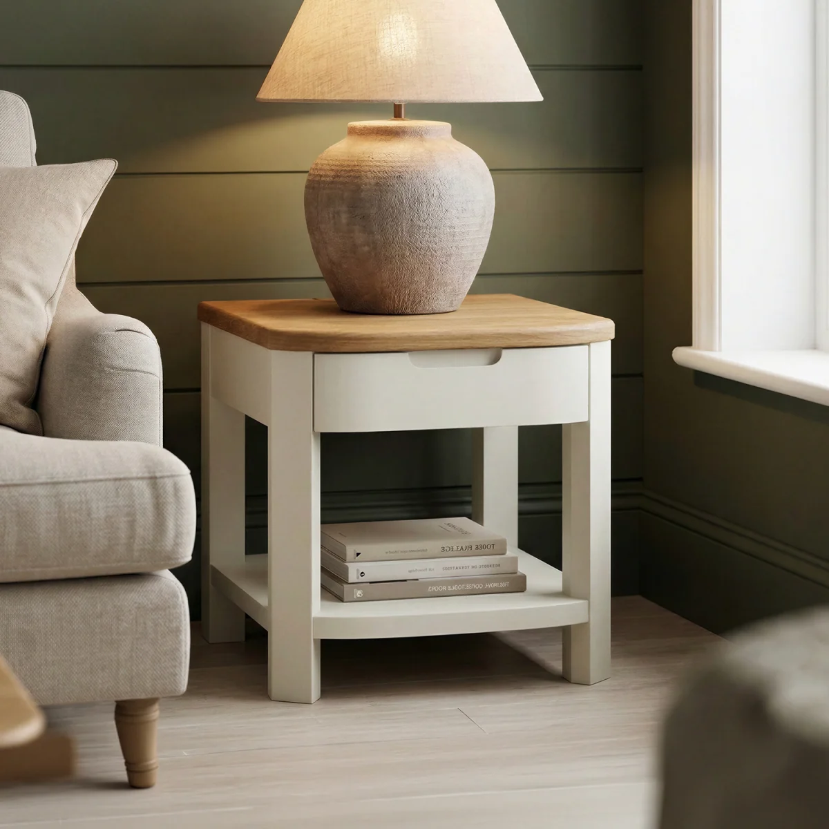 Bradwell Oak and Signal White Painted 1 Drawer Lamp Table – image 2