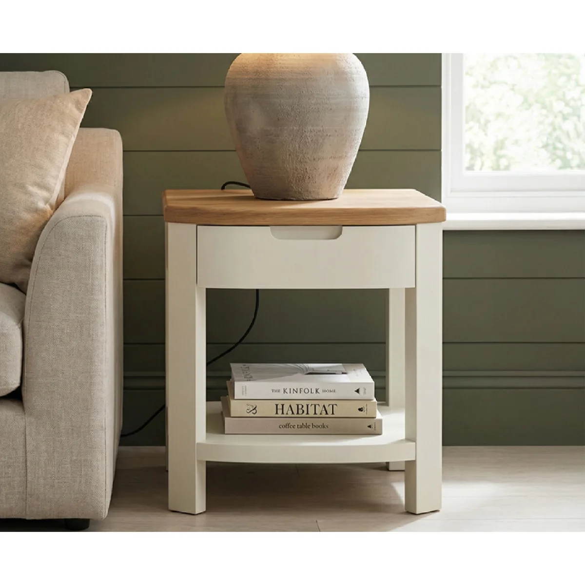 Bradwell Oak and Signal White Painted 1 Drawer Lamp Table – image 3