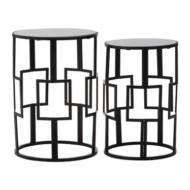 Avantis Black Finish Set of 2 Round Side Tables with Geometric Grid Design – image 2