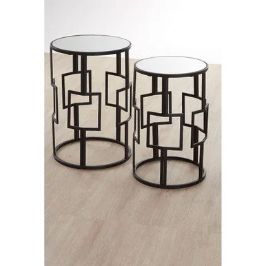 Avantis Black Finish Set of 2 Round Side Tables with Geometric Grid Design – image 3