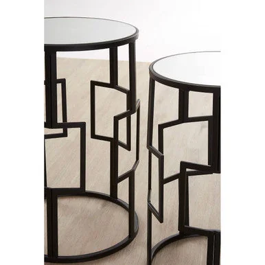 Avantis Black Finish Set of 2 Round Side Tables with Geometric Grid Design – image 4