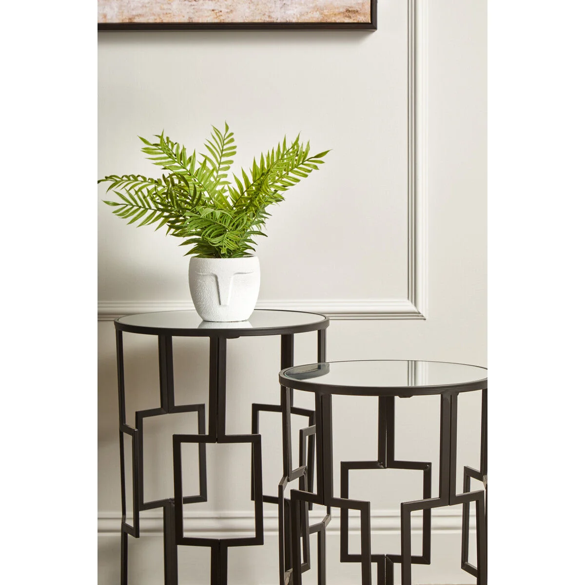 Avantis Black Finish Set of 2 Round Side Tables with Geometric Grid Design – image 5
