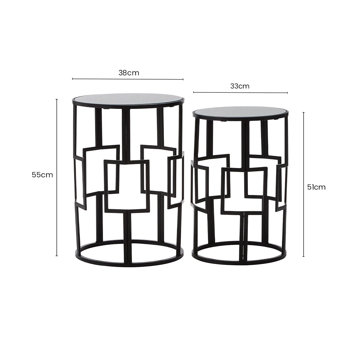 Avantis Black Finish Set of 2 Round Side Tables with Geometric Grid Design – image 7