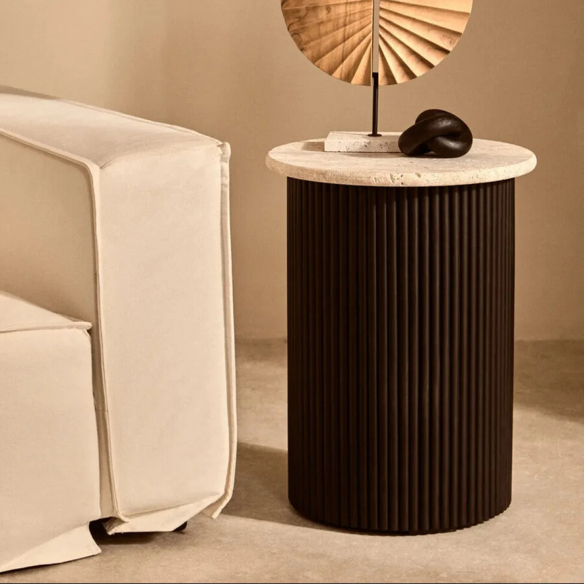 Walton Cream Travertine and Black Acacia Wood Side Table – image 3