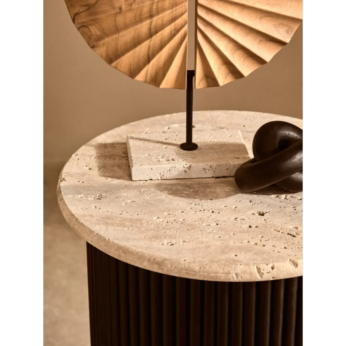 Walton Cream Travertine and Black Acacia Wood Side Table – image 8