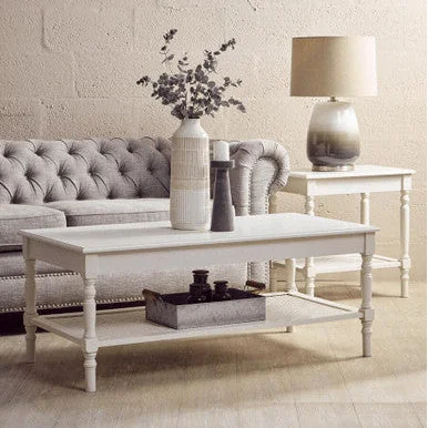 Heritage White Wooden Side Table with Rattan Shelf – image 3
