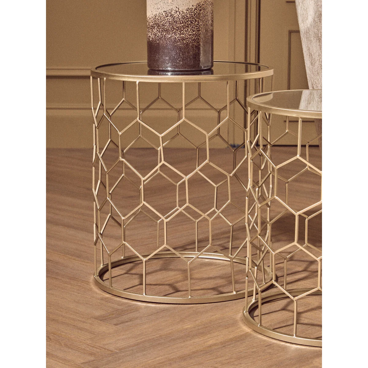 Arcana Champagne Finish Set of 2 Side Tables with Honeycomb Design – image 3