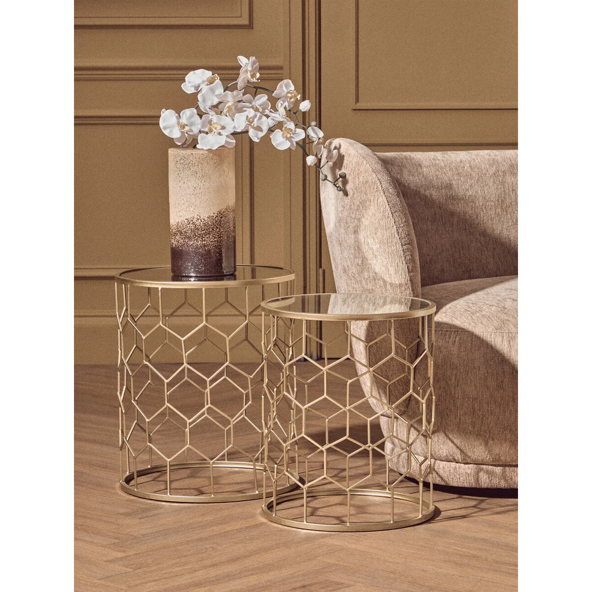 Arcana Champagne Finish Set of 2 Side Tables with Honeycomb Design – image 7