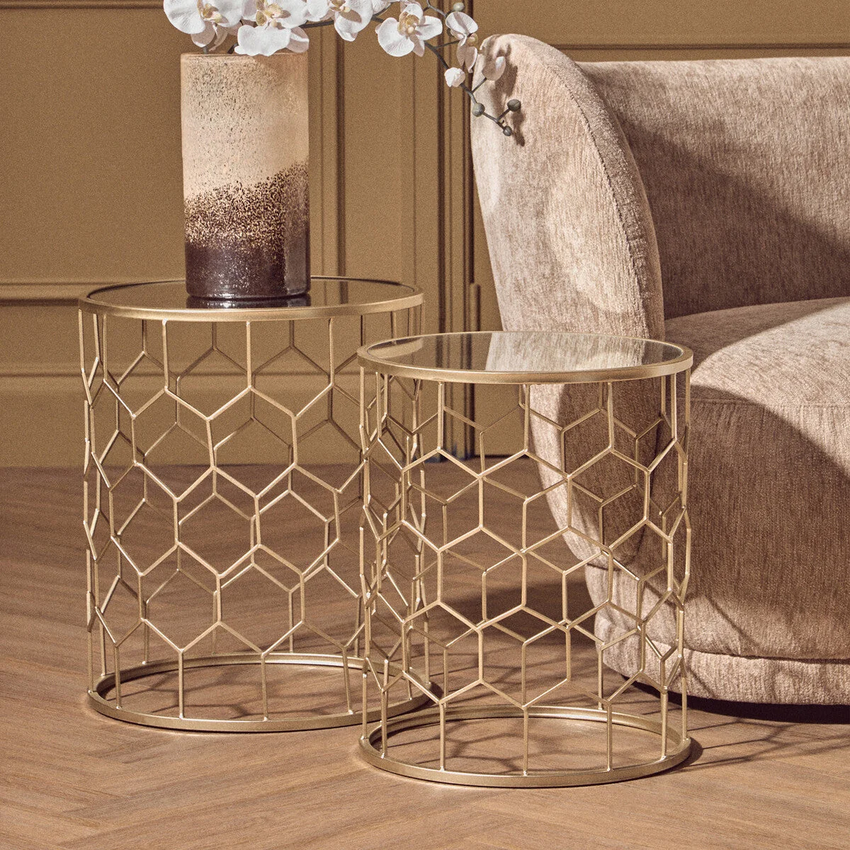 Arcana Champagne Finish Set of 2 Side Tables with Honeycomb Design – image 8