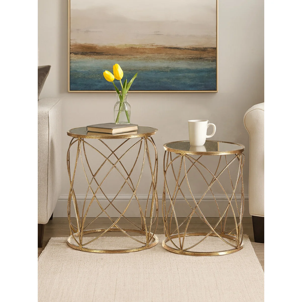 Arcana Gold Finish Set of 2 Side Tables with Mirror Top – image 8