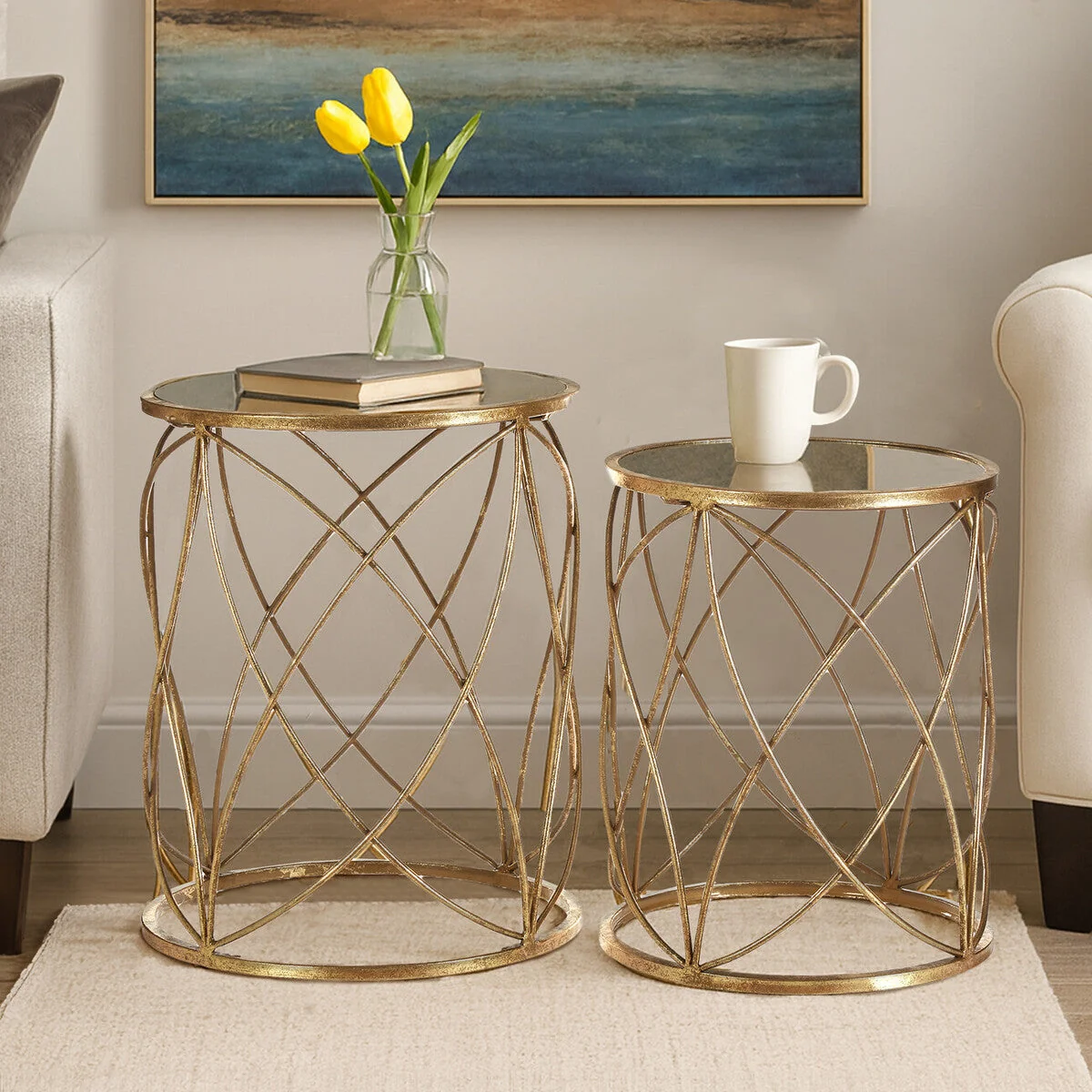 Arcana Gold Finish Set of 2 Side Tables with Mirror Top – image 9