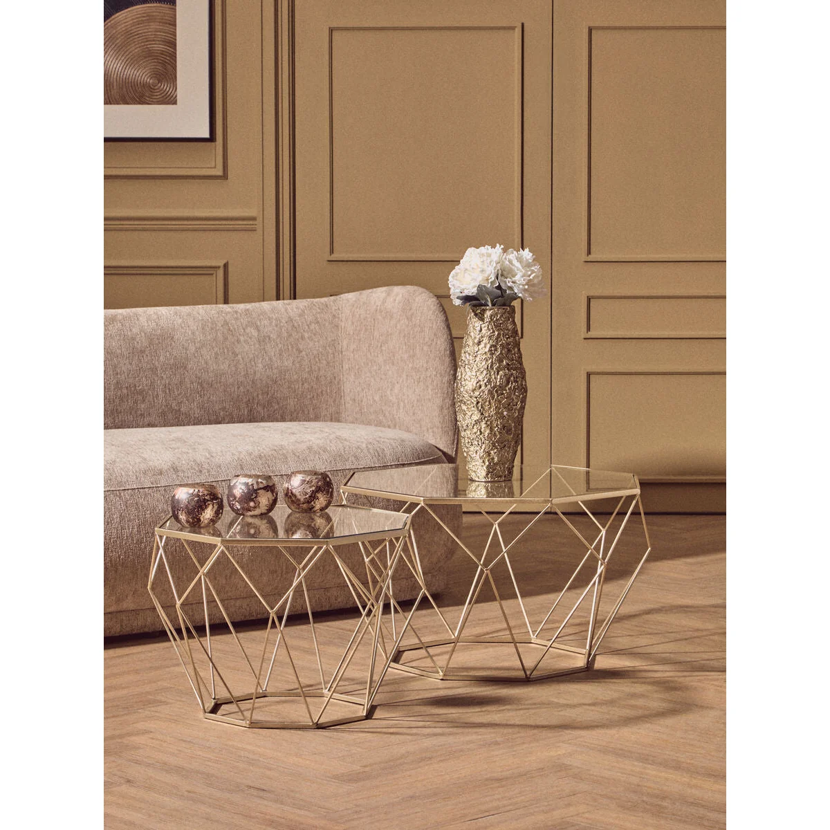 Arcana Champagne Finish Set of 2 Side Tables with Glass Tops – image 3