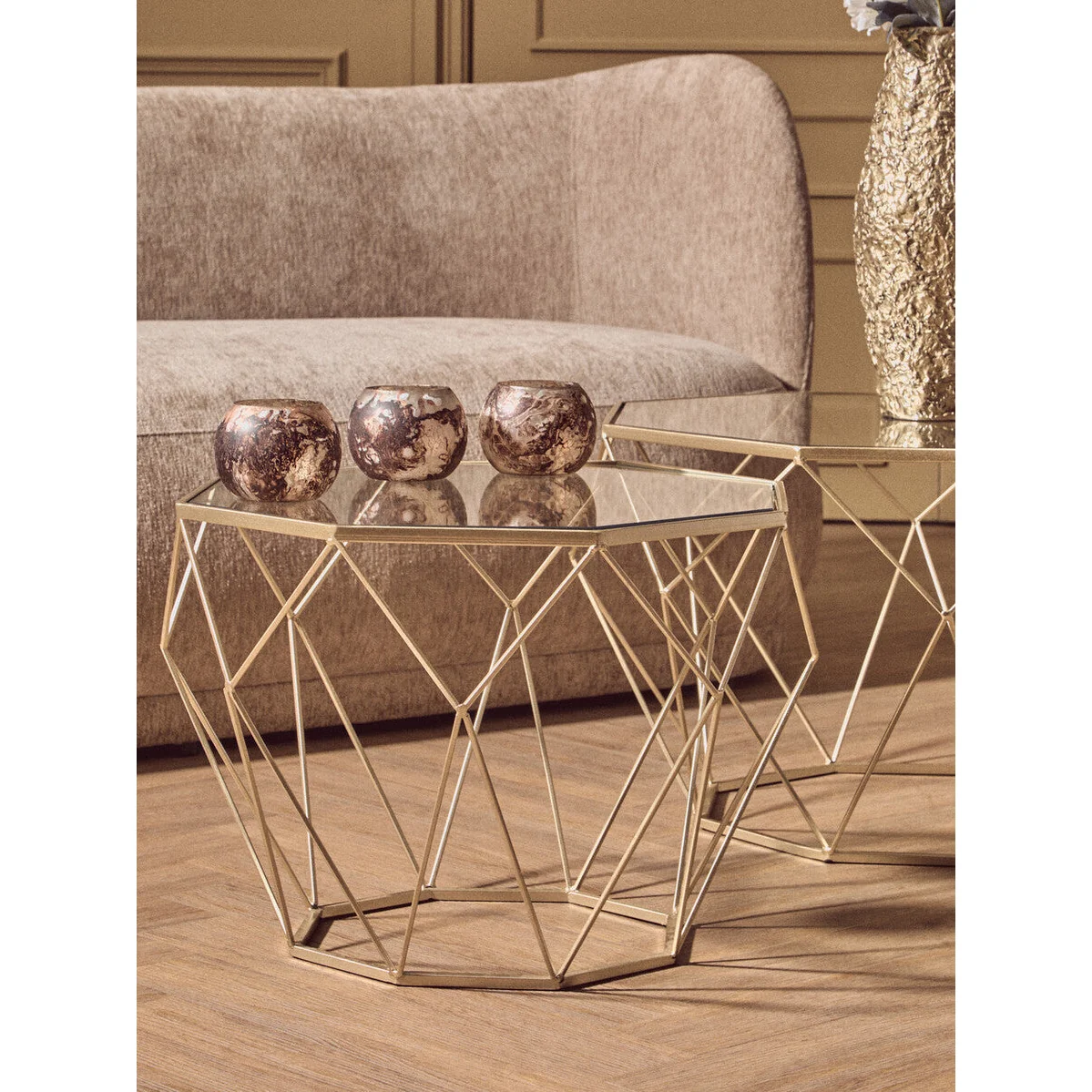 Arcana Champagne Finish Set of 2 Side Tables with Glass Tops – image 5