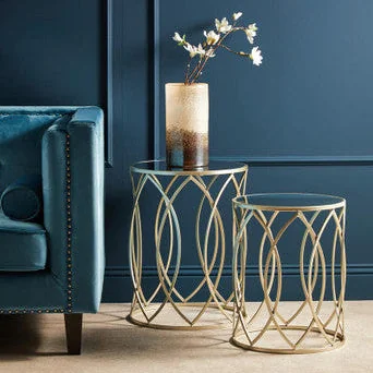 Avantis Gold Finish Set of 2 Round Side Tables with Petal Design – image 1