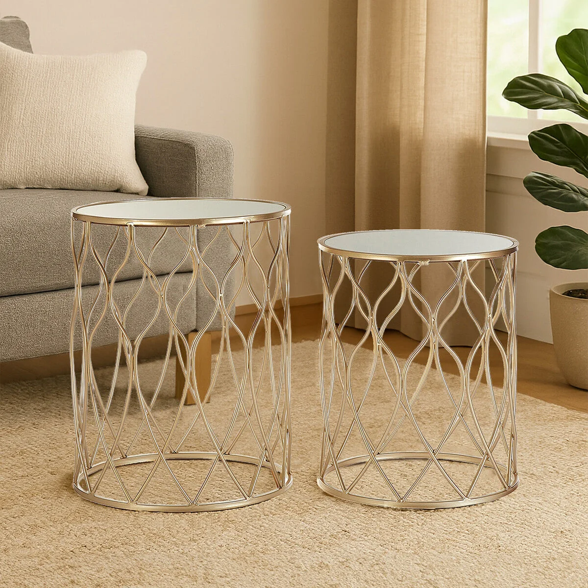 Arcana Champagne Finish Set of 2 Side Tables with Mirror Top – image 1
