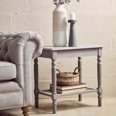 Heritage Grey Wash Wooden Side Table with Rattan Shelf – image 3