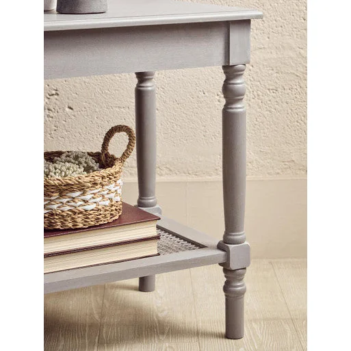 Heritage Grey Wash Wooden Side Table with Rattan Shelf – image 6