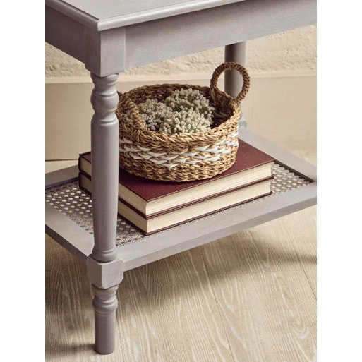 Heritage Grey Wash Wooden Side Table with Rattan Shelf – image 7