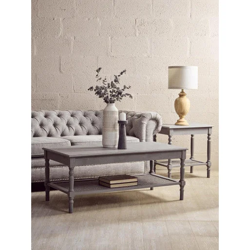 Heritage Grey Wash Wooden Side Table with Rattan Shelf – image 8