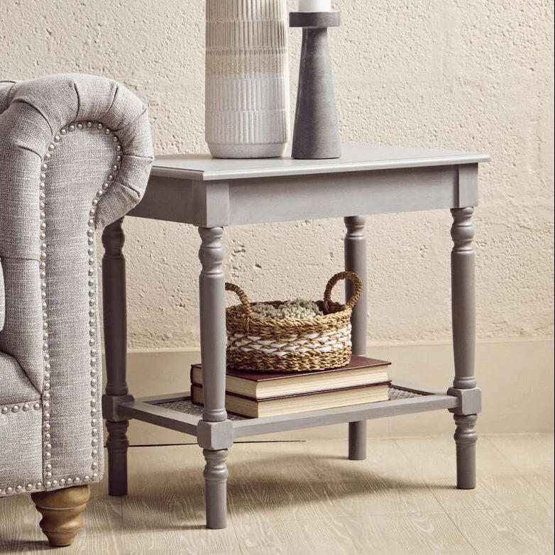 Heritage Grey Wash Wooden Side Table with Rattan Shelf – image 1