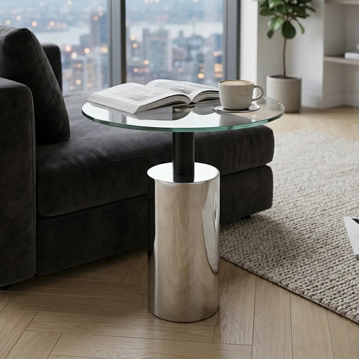 Oria Clear Glass Round Side Table with Silver Finish Base – image 1