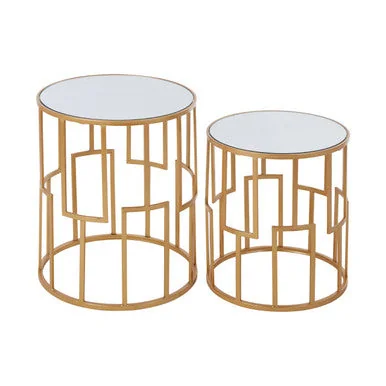 Avantis Gold Finish Set of 2 Round Side Tables with Art Deco Design – image 2