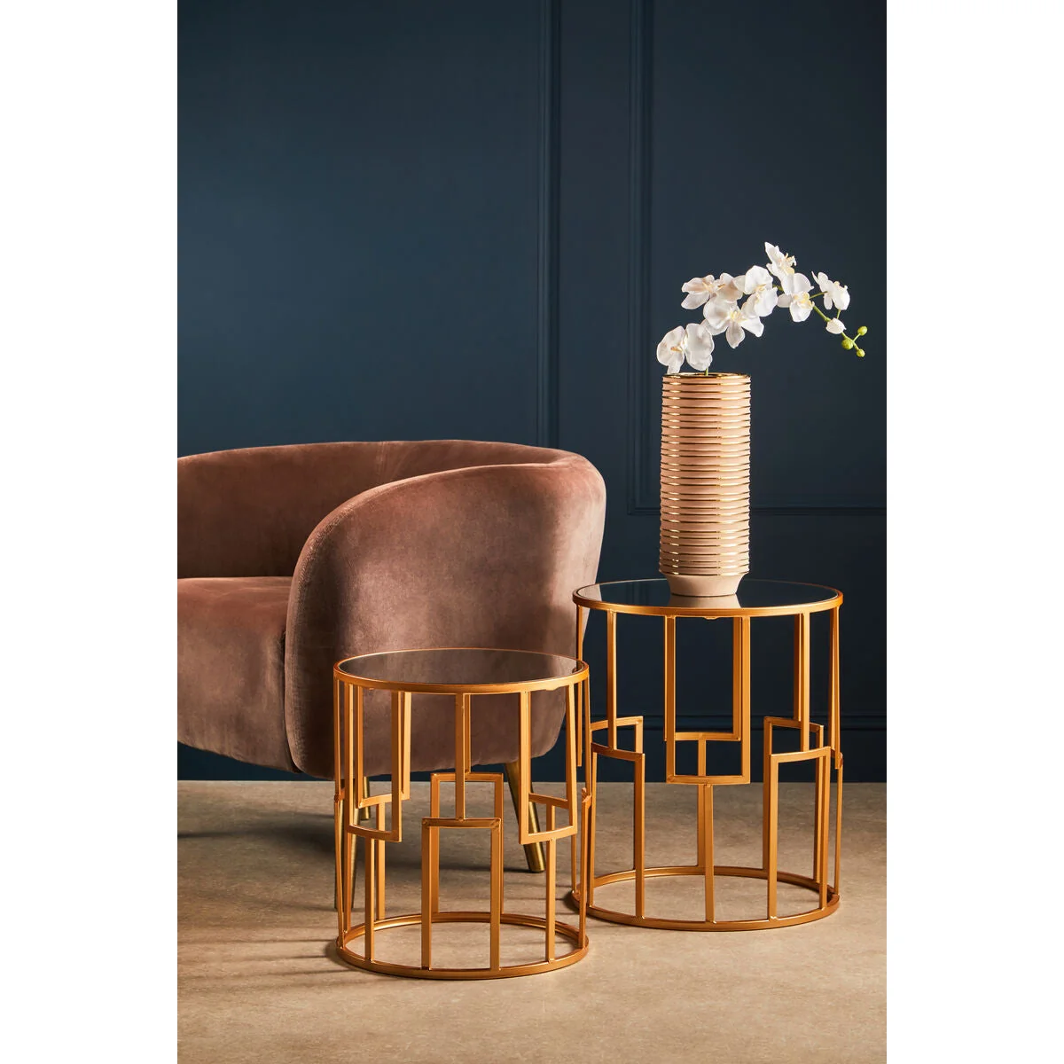 Avantis Gold Finish Set of 2 Round Side Tables with Art Deco Design – image 3