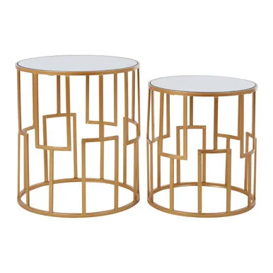 Avantis Gold Finish Set of 2 Round Side Tables with Art Deco Design – image 6