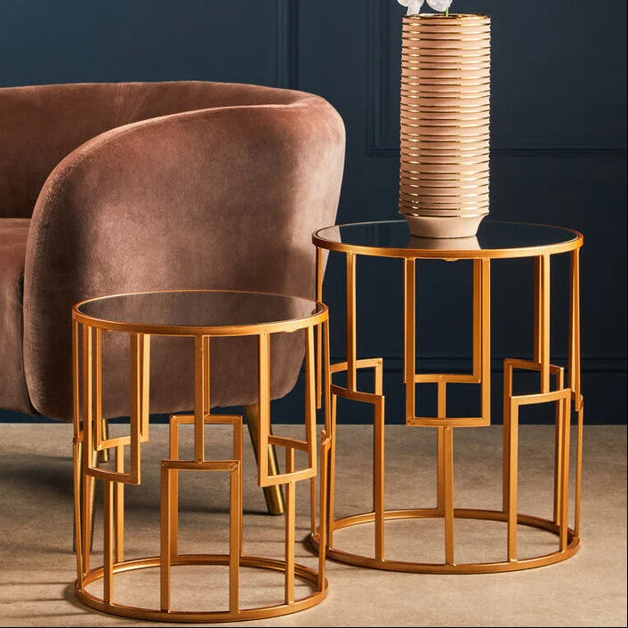 Avantis Gold Finish Set of 2 Round Side Tables with Art Deco Design – image 1
