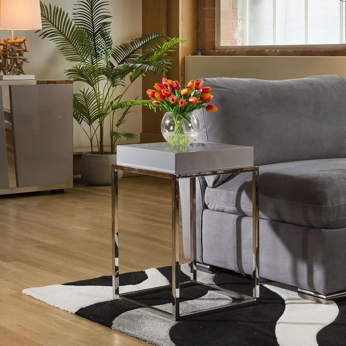 Venice Modern Side Table Metal Frame & Grey Gloss 41cm – image 2
